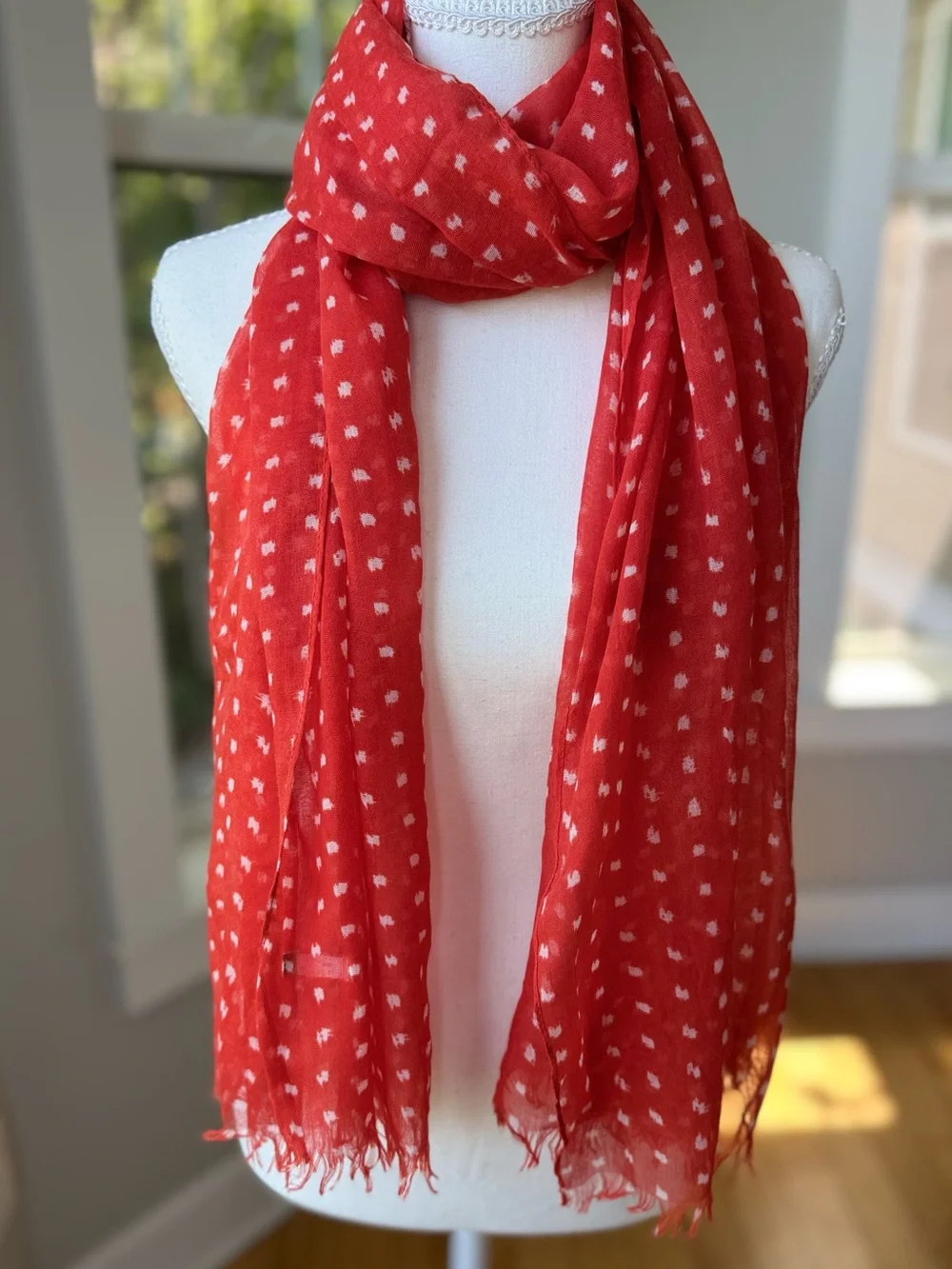 J. Crew Coral Red White Polka Dot Lightweight Rectangle Scarf with Fringe